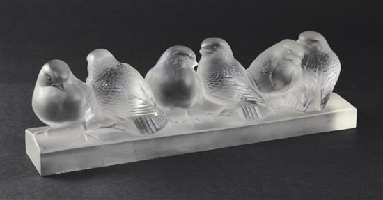 A Rene Lalique, Groupe de Six Moineaux, No. 1218, clear and frosted glass, designed 1933, 30cm (11.75in.)